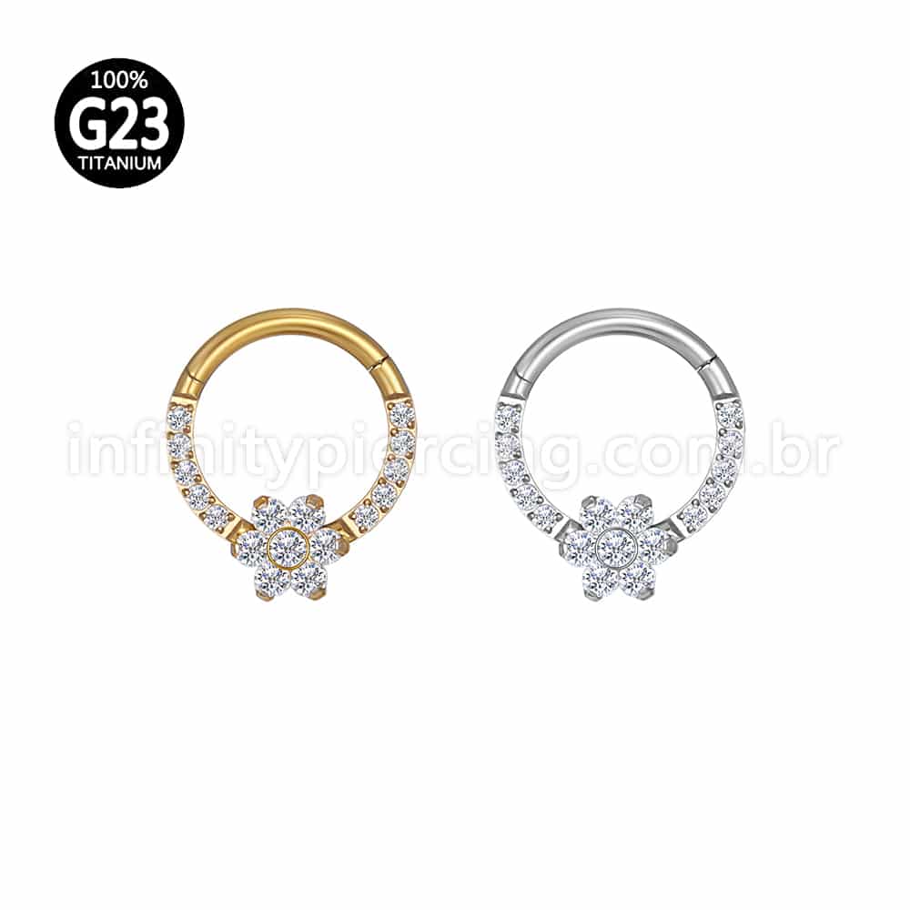 Piercing Argola Titânio Segmento Articulado Flor Zircônia Cravejada